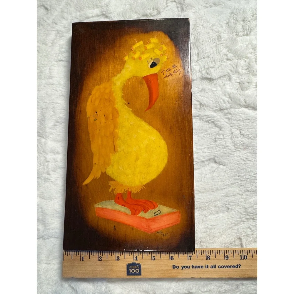 Vtg 1975 Hand Painted Wood Plaque Whimsical Bird I Ate The Whole Thing